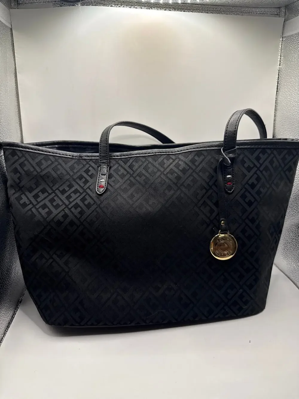 Tommy Hilfiger Black Monogram Jacquard Tote Bag with Gold Medallion Charm
